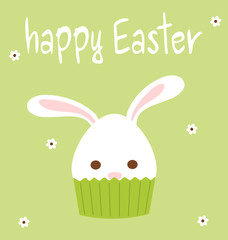 cute cartoon hand drawn happy easter lettering card with bunny cupcake vector illustration

