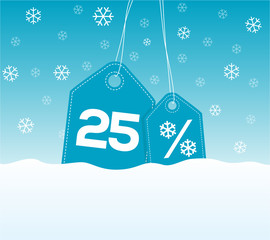 Blue hanging price tag labels with 25% and snowflake percent design texts on them on snow background. For winter sale campaigns.