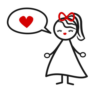 cute lovely black white red stick figure girl and speech bubble with heart concept vector illustration

