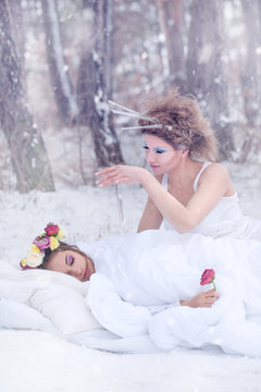 Queen of snow and Mrs. spring. Snow Queen - Winter wraps spring and puts it to sleep - sleepy. Spring asleep wrapped in the winter.