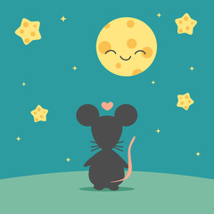 cute cartoon mouse admire sky with the moon and the stars in the form of cheese funny vector illustration

