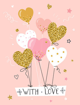 Greeting card with air balloons and text “with love”