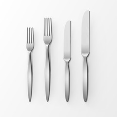 Vector Cutlery Set of Silver Forks and Knifes Top View Isolated on White Background. Table Setting