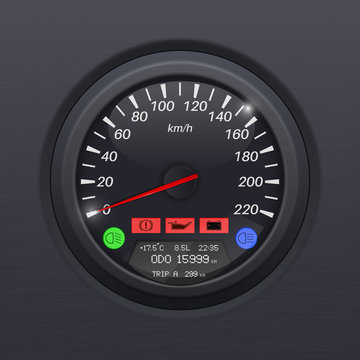 Speedometer. Black speed gauge. Classic car computer dashboard