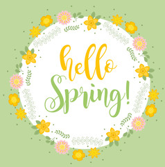 Hello Spring floral frame for text, isolated on white background. Spring template for your design, cards, invitations, posters. Vector illustration