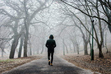 man walking through a fog forest - Powered by Adobe