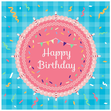 Happy birthday - Top view pink cake and ribbon party on blue fabric background vector design