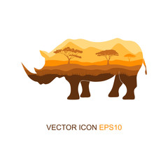 Vector illustration of a silhouette of a rhino on isolated white background. Rhinoceros side view profile. Silhouette of rhinoceros. Logo. Vector illustration. © Katsiaryna
