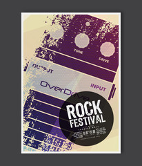 Music poster template. Vector Rock music flyer background with electric guitar pedal effect flat illustration. A4 size flyer.