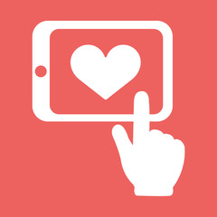 Hands holding tablet with heart sign vector flat white icon isolated on red background. Hand drawn.