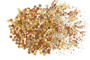 euro coins explosion on a white background