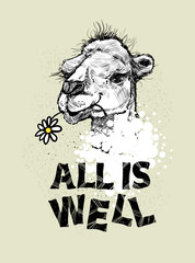 Drawing the head of a camel and the letter.All is well, vector illustration. Print for textiles, motivation