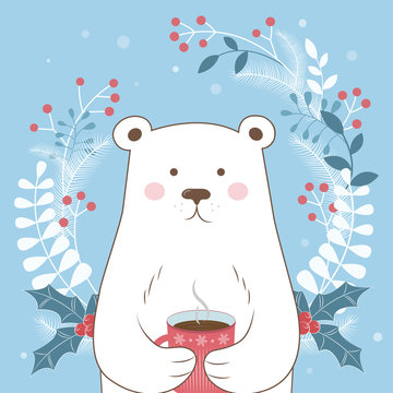 Happy winter holidays. Winter time. Vector illustration. Postcard Happy winter. The image of a polar bear on a blue background.