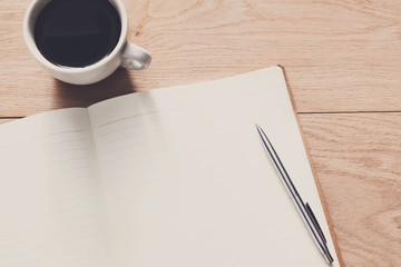 Office supplies, writing concept on wood background