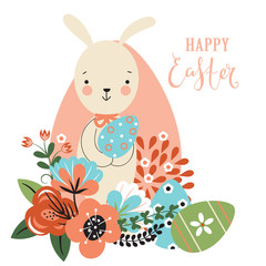 Easter background with rabbit, flowers, eggs