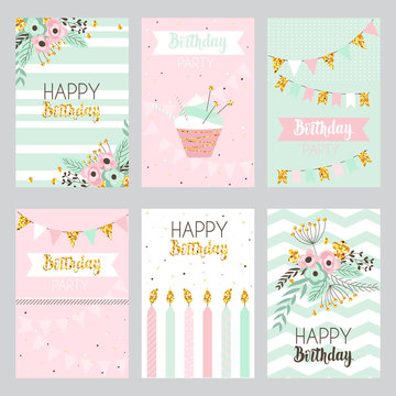 Collection of birthday cards in pastel colors.