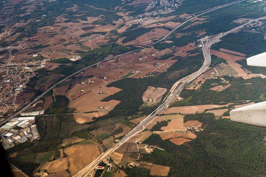 Spanish highway aerial view. View over the area of Girona, Spain.