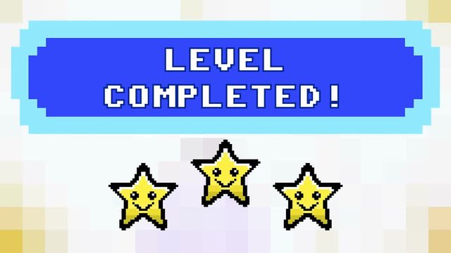 A videogame screen, 8 bit retro style, saying Level completed. Smiling stars over a pixel animation.
