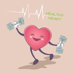 Healthy heart. Healthy lifestyle. Smile shape of a heart with a dumbbell in the background. Health, sport, medicine. Vector illustration.