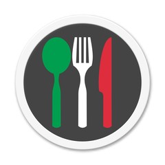 Runder Button zeigt Besteck grün weiß rot für italienisches Restaurant