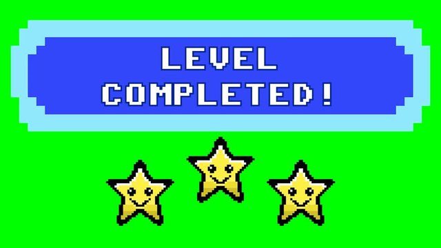 A videogame screen, 8 bit retro style, saying Level completed. Smiling stars over pure green.
