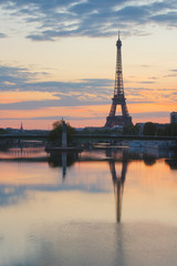 Eiffel tower in Paris from river Seine in morning at Paris, France.