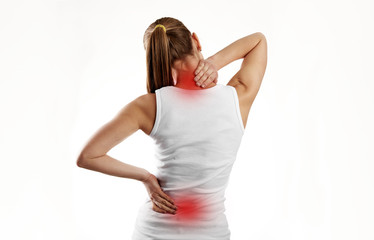 Woman having spine disease or illness. Painful back on female body with red dots - 137331120