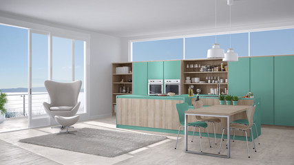 Modern white and turquoise kitchen with wooden details, big window with sea or lake panorama