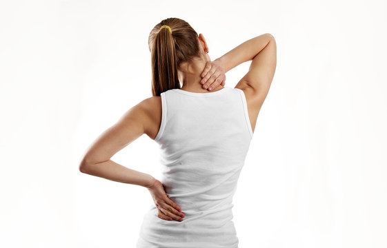 Nape pain. Backache. Stressed female massaging her painful body. 