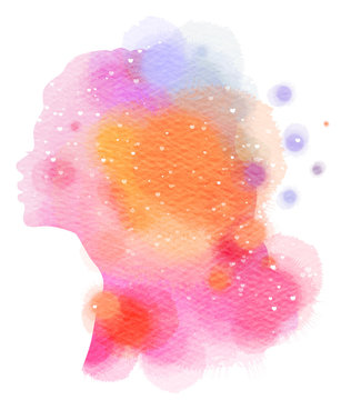 Illustration of woman beauty salon silhouette plus abstract watercolor.  Digital art painting