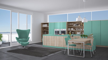 Modern gray and turquoise kitchen with wooden details, big window with sea or lake panorama