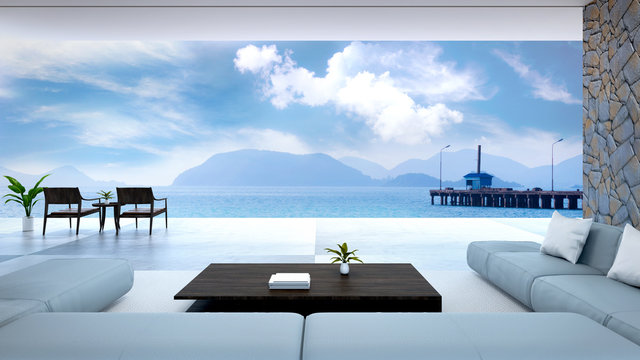 modern room interior  near beach with  sky and sea view /3d render