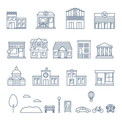 City and buildings set of vector icons, outline style