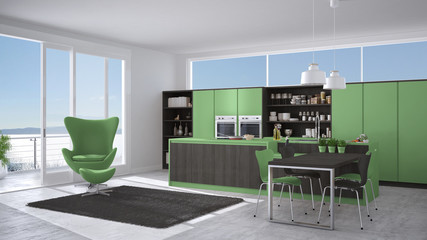 Modern gray and green kitchen with wooden details, big window with sea or lake panorama