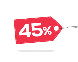 Red price tag label with 45% text on it and with shadow isolated on white background.