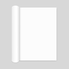 Blank open magazine mockup with rolled page, portrait orientation