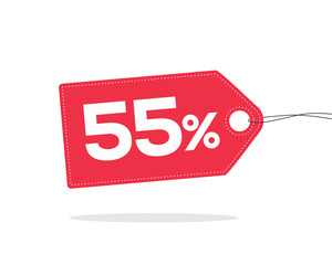 Red price tag label with 55% text on it and with shadow isolated on white background.