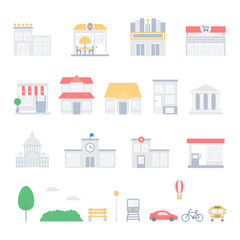 City and buildings set of vector icons, flat style