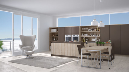 Modern white and brown kitchen with wooden details, big window with sea or lake panorama