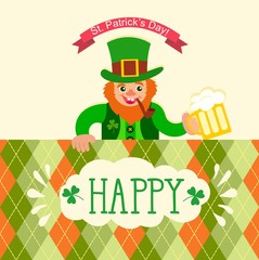 St. Patrick's Day card. Leprechaun with a stick, smoking pipe and a glass of beer