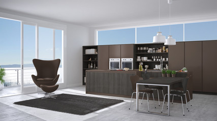 Modern gray and brown kitchen with wooden details, big window with sea or lake panorama