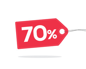 Red price tag label with 70% text on it and with shadow isolated on white background.