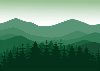 Panorama of mountains with pine trees