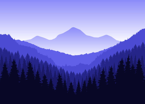 Panorama of mountains. Winter. Blue tones.