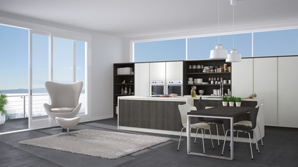 Fototapeta premium Modern white and gray kitchen with wooden details, big window with sea or lake panorama