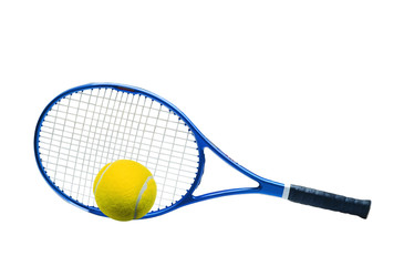 Blue tennis racket and yellow ball isolated white background