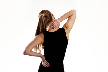 Woman in black shirt touching her neck and loin in pain. Scoliosis treatment concept. 