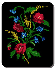 Color  bouquet of flowers (poppies,ears of wheat and cornflowers) on the black background using traditional Ukrainian embroidery elements. Can be used as pixel-art.
