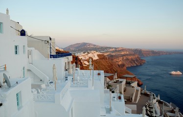 Evening in Santorini, Greece. From hotel. During a trip to the Cycladic Archipelago and the Mediterranean. The basin of the Aegean sea