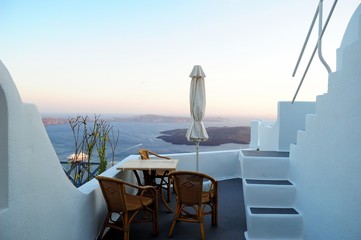 Evening in Santorini, Greece. From hotel. During a trip to the Cycladic Archipelago and the Mediterranean. The basin of the Aegean sea